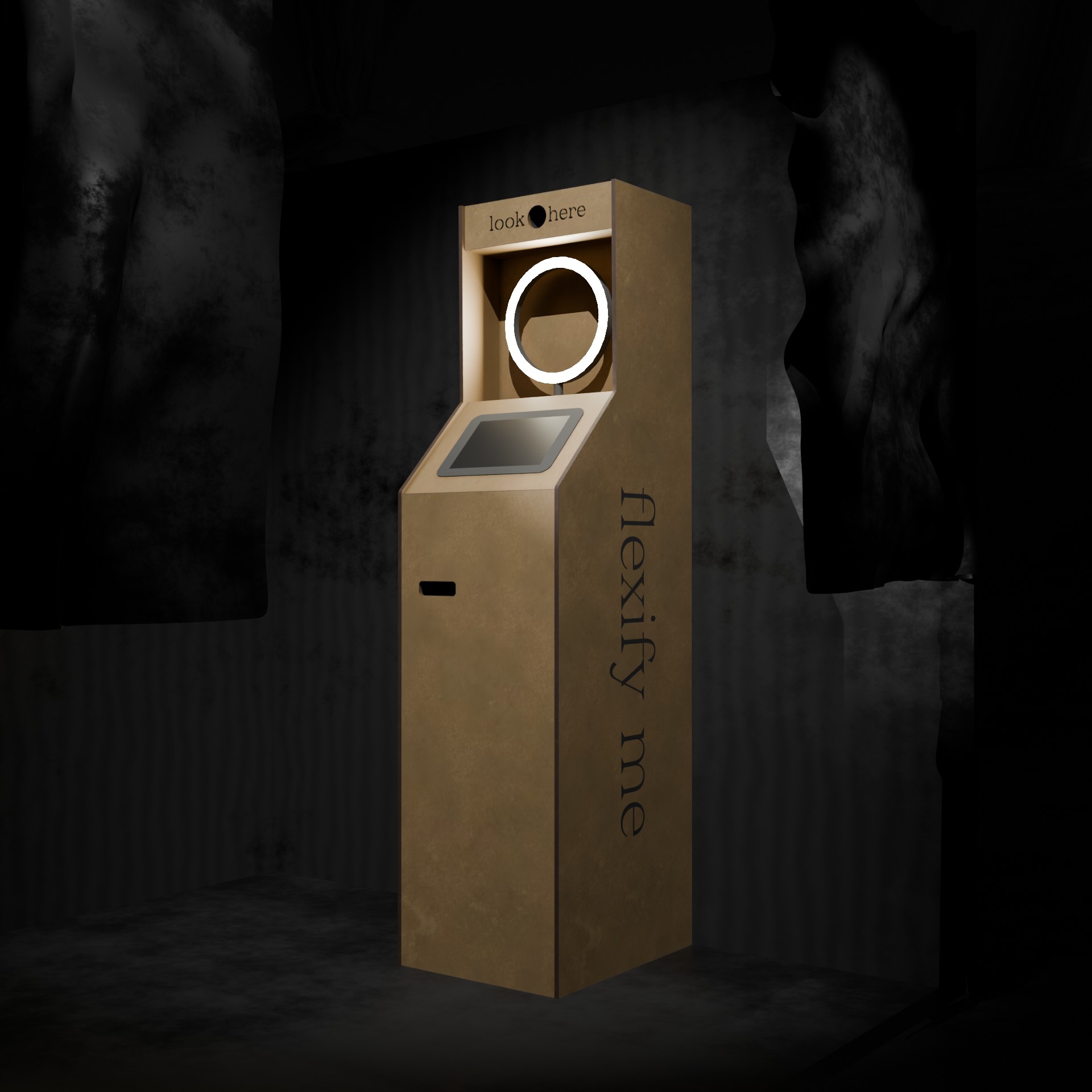 fig 4.: Suggestion for a photo machine with integrated LED light, placed in the corner of a space with curtains. 3D-Render created using Blender